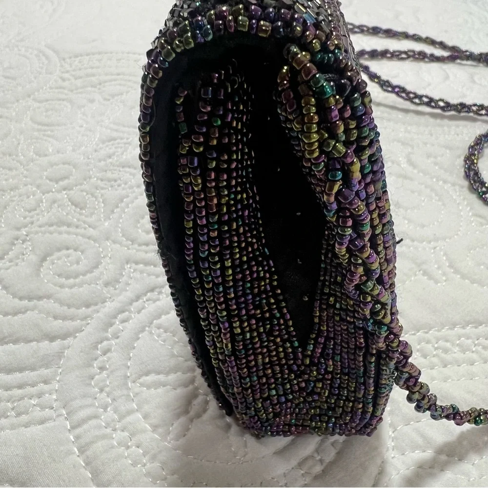 VTG Black Iridescent Beaded Evening Bag Clutch/Crossbody Purse 90s multi color